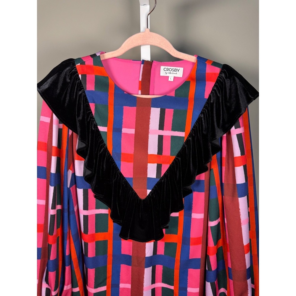 Crosby Mollie Burch Plaid Velvet Ruffle Mini Dress Balloon Sleeve L - Picture 5 of 9